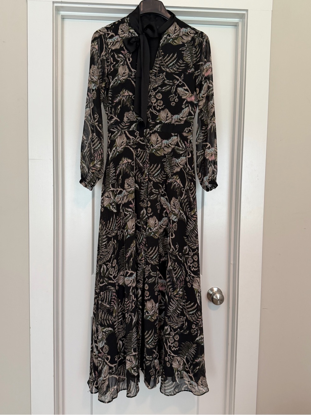 Banana Republic Black Floral Tie-Neck Maxi Dress with Soft Pink Accents
